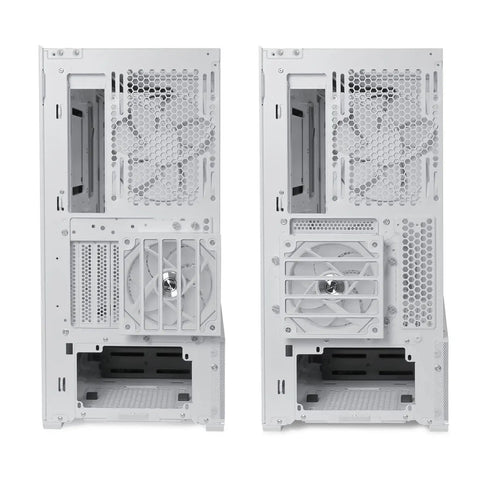 Rear view of LanCool 216 E-ATX PC Case With All-Around Mesh Panels For Crazy Good Airflow, pre-installed 140mm fan, white color