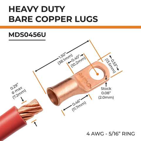 Diagram of 25 Pack Heavy Duty 4 Gauge 5 Sixteenth Inch Ring Battery Lugs Bare Copper Stud Terminals with dimensions.