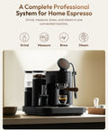 Game Changing Dual Boiler Espresso Machine With Integrated Precision Grinder And Dual Weight Sensors For Reliable Shot Prep And Silky Steamed Milk Anytime You Want To Chill And Sip, sleek black design on a modern kitchen counter.