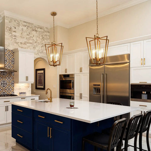 Gold Chandelier With Rotatable Geometric Frames, 4 Light Modern Lantern Pendant For Your Kitchen Island, Dining Room, Foyer And Entryway