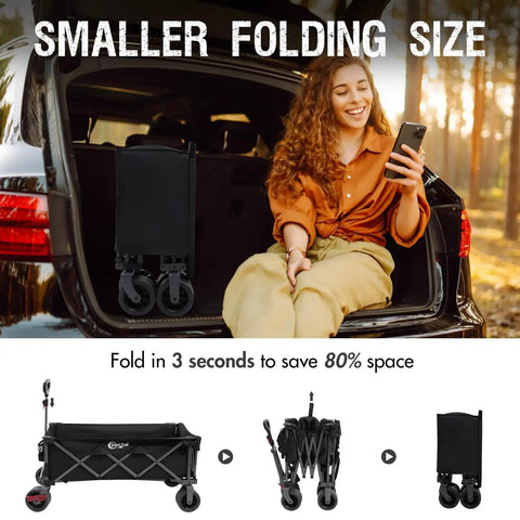 Beast Foldable Wagon With Tailgate Cargo Net 55 Inch Long 26 Inch Wide 600L Capacity shown folded with a woman on car tailgate