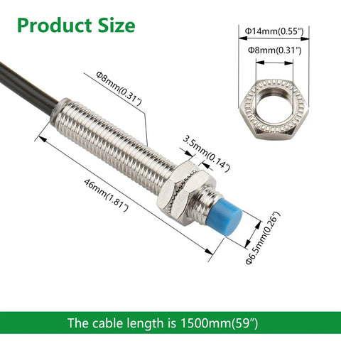 Inductive Proximity Sensor Switch M8 For 3D Printer And CNC, NPN NC, DC 10 To 30V, 2mm Detection with size dimensions shown