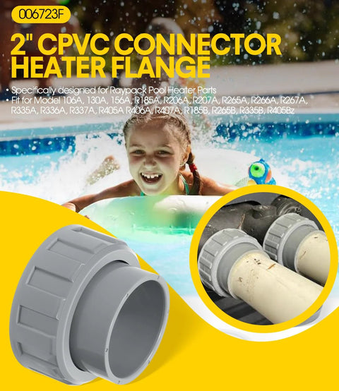 Front view of DearChan 2-Pack 2-inch CPVC heater flange connector with nut kit in gray plastic.