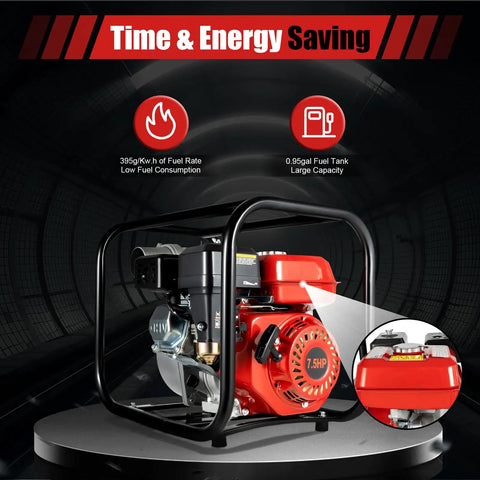 Heavy Duty 75Hp Gas Powered Water Transfer Pump 3 Inch 60 M3 Hr Flow 91 Ft Head showing fuel tank and low consumption features.
