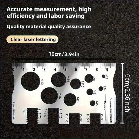 Durable Stainless Steel Screw Size Chart Caliper Thread Gauge Ruler for precise distance and thread measurement, M12 focus.