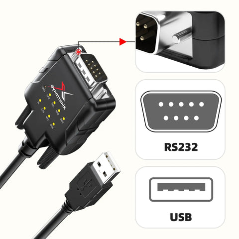 DeStatix A9 FTDI USB to RS232 Adapter With 9 Status LEDs showing USB and RS232 ports