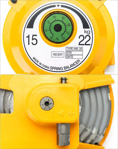 Close-up of Spring Balancer 33-49 Lbs Tool Balancer with adjustable retractable holder, showing tension adjustment knob and weight range.