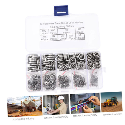 600 Piece Stainless Steel Washer Kit For Automotive, Construction And Industrial Use With Lock Gaskets And Split Washers Built To Last, High Conductivity, Rust Resistant, Easy To Install, Prevents Loosening. 304 stainless steel lock washer kit in case