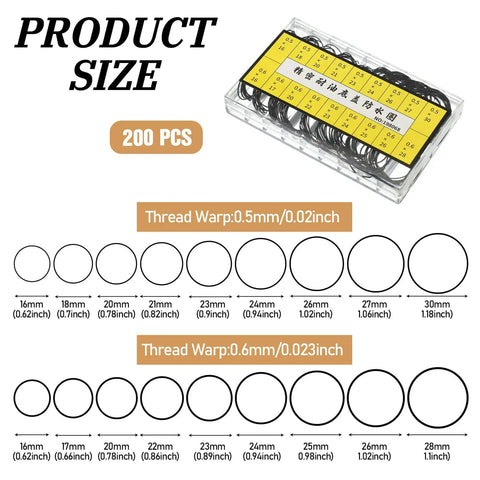 200 Pcs Watch Gasket Kit With Assorted O Rings For Back Case Repair 0.5 And 0.6mm 16-30mm Rubber Seals displayed in box