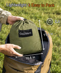 Person packing Army Green Two In One Pop Up Hammock Tent With Mosquito Net For One Person into backpack, showing size dimensions.