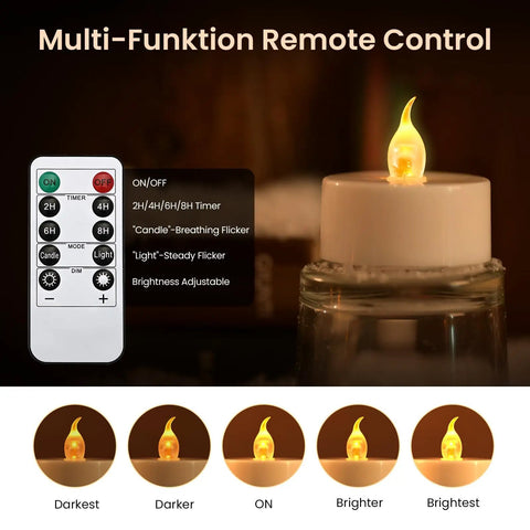Flameless LED Tea Light Candles 24 Pack With Realistic Flicker Warm Yellow Glow Battery Operated Tealights, remote control shown.
