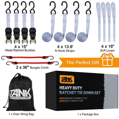 Heavy Duty Ratchet Tie Down Straps Set With 1650Lb Break Strength for UTV truck shown with metal buckles, S-hooks, and packaging
