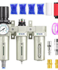 Pro Grade Industrial Air Dryer System 0-240 PSI 3/4 In NPT 3-Stage Setup With Particulate Filter, Coalescing Filter, Desiccant Dryer And Auto Drain Regulator For Clean, Dry Ready-To-Use Compressed Air components displayed.