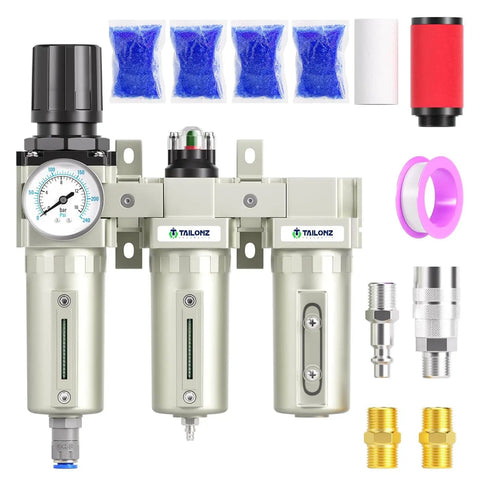 Pro Grade Industrial Air Dryer System 0-240 PSI 3/4 In NPT 3-Stage Setup With Particulate Filter, Coalescing Filter, Desiccant Dryer And Auto Drain Regulator For Clean, Dry Ready-To-Use Compressed Air components displayed.