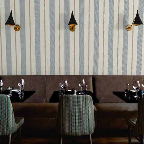 Fresh Printed Modern Striped Vinyl Wallcovering Featuring Subtle Leather Texture Ultra Durable Pastable Wallcover in a restaurant setting.