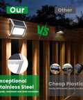 Solar Powered Fence Lights 12 Pack Outdoor Deck Lights Waterproof Stainless Steel Security Wall Lamps comparison with plastic lights