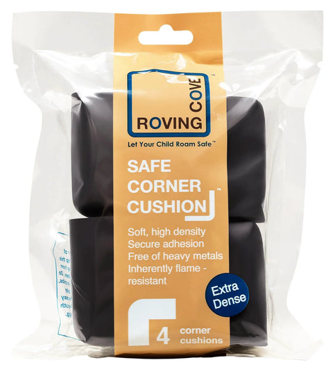 Packaging of 4 large corner protectors for baby safety heavy duty childproofing rubber foam bumper guards adhesive pre-taped Black Onyx.