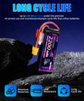 11.1V 3S 2200mAh 50C LiPo Battery Pack With XT60 Plug placed on a rock with blue background, highlighting long cycle life