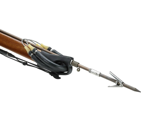 Close-up of Mahogany Wood 32 Inch Speargun Kit For Spearfishing With 5 16 Inch Stainless Steel Shaft Two 9 16 Inch Rubber Slings