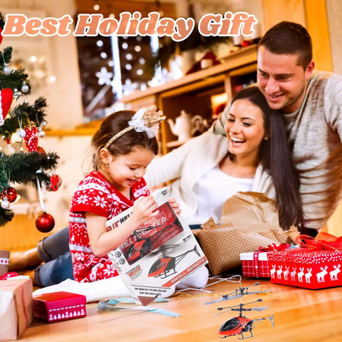 Family celebrating with a Remote Control Helicopter Toy For Kids 2 Channel RC Helicopter With 2.4 GHz Dual Speed Flight One Button Lift