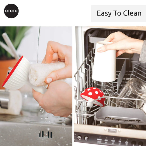 Cool Mushroom Shaped Silicone Funnel Foldable Kitchen Tool being washed and placed in a dishwasher