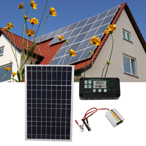 30W Solar Panel Kit With 220W MPPT Inverter For Outdoor Camping, RV And Off Grid Power Supply; solar panel and inverter setup