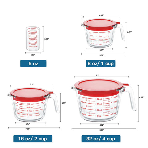 Must Have Glass Measuring Cups Set With Lids, 4 Piece Borosilicate Kitchen Measuring Cups In 5 Oz, 1 Cup, 2 Cup, And 4 Cup Sizes