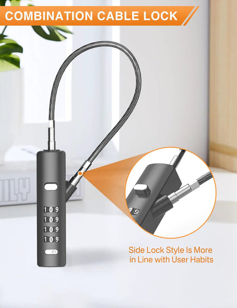 Side angle view of 4 Digit Combination Cable Lock Set With 3 Replaceable Steel Cables For Gate Bike And Luggage Resettable Keyless Cable Lock In Grey Two Pack Easy No Hassle Security On The Go.