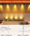 Installation options for Low Voltage LED Landscape Lighting Kit With Transformer 5W 24V Outdoor Spotlight; wall-mounted and ground-stake methods displayed.