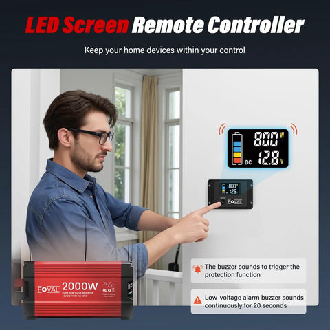 Heavy Duty 2000 Watt Pure Sine Wave Inverter 12 Volt To 110 Volt Converter with digital display and remote control in use.
