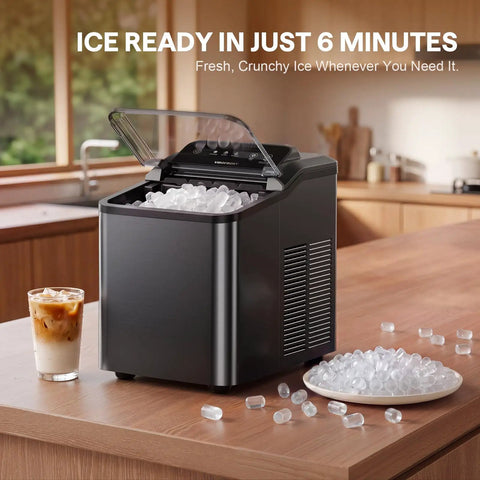 Sweet Crunchy Nugget Ice Maker For Countertop Whips Up Thirty Five Pounds Soft Chewable Pellet Ice Daily with ice in view.