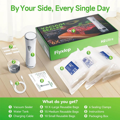 Handheld Vacuum Sealer With 35 Reusable Bags Automatic OneTouch Seal shown with packaging box and accessories on wooden floor
