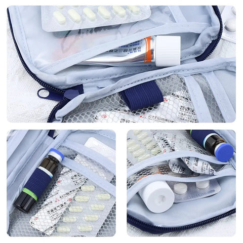 Close-up of 4 Pack Travel First Aid Pouches Durable 600D Oxford Exterior Grab And Go Ready Portable Outdoor Medical Bags, open view with supplies.