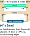Heavy Duty Twenty Pack Stainless Steel Shelf Support Pegs With Silent Rubber Liners For 5 Mm And Quarter Inch Cutouts display for glass and wood shelves.