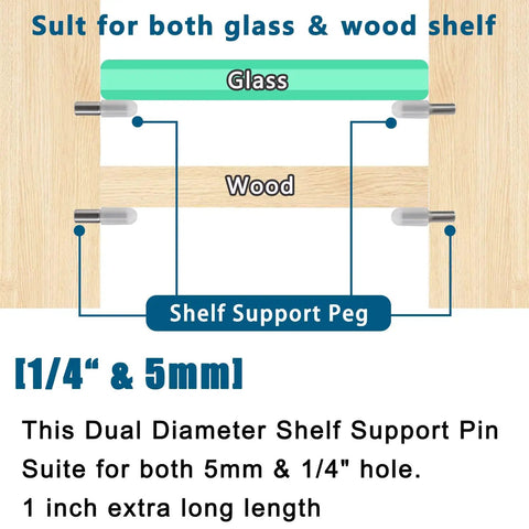 Heavy Duty Twenty Pack Stainless Steel Shelf Support Pegs With Silent Rubber Liners For 5 Mm And Quarter Inch Cutouts display for glass and wood shelves.