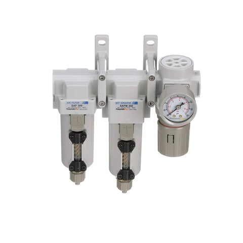 Three Stage Industrial Air Drying System With Particulate Filter, Coalescing Filter, And Regulator, Three Eighth Inch NPT, Metal Bowl With Sight Glass, Manual Drain, And Gauge For 0 To 150 PSI Operation, 17 SCFM At 90 PSI