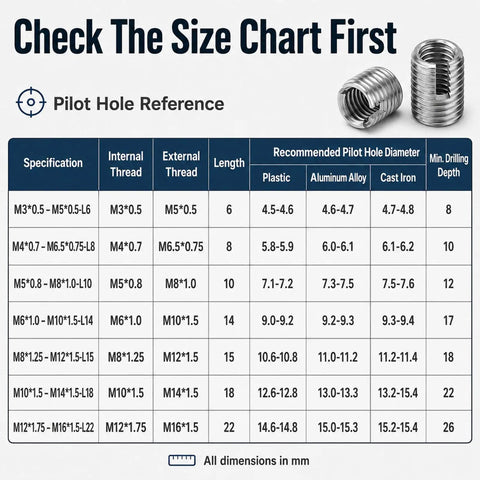 Size chart for 50 Piece Self Tapping Thread Inserts Kit In 303 Stainless Steel, M3 to M16 for various materials