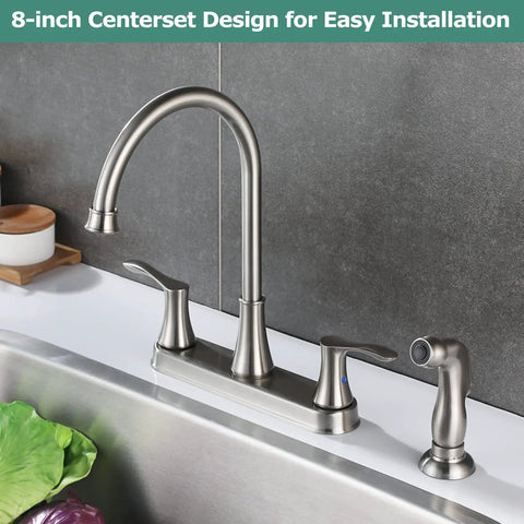 8 Inch High Arc Kitchen Faucet With Dual Handles And Side Sprayer Brushed Nickel 3 Hole Centerset Easy Install in kitchen