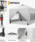 Detailed view of 10x10 Pop Up Canopy Tent With Four Sidewalls One Push Setup for Quick No Tool Outdoor Shade Silver Coated Canopy Includes Sandbags Ideal for Parties Events Camping and Beach White, showing features like center lock and windowed sidewalls.