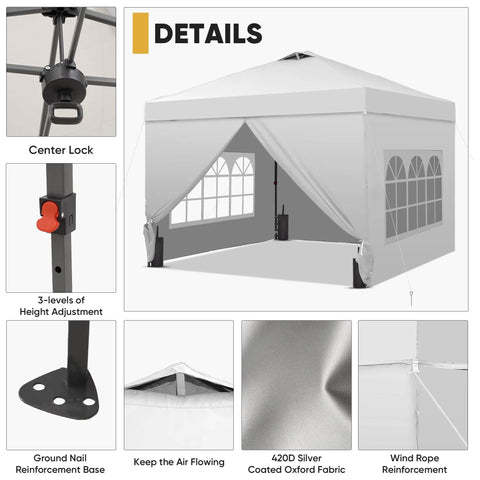 Detailed view of 10x10 Pop Up Canopy Tent With Four Sidewalls One Push Setup for Quick No Tool Outdoor Shade Silver Coated Canopy Includes Sandbags Ideal for Parties Events Camping and Beach White, showing features like center lock and windowed sidewalls.