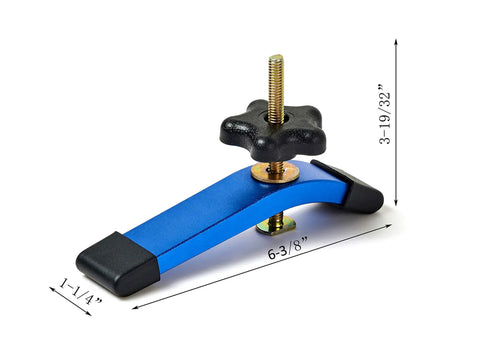 Beefy Aluminum T Track Hold Down Clamps For Woodworking Six And Three Eighths Inch Long One And A Quarter Inch Wide Heavy Duty 6063 Aluminum Fine Sandblast Blue Finish Two Pack, shown with dimensions
