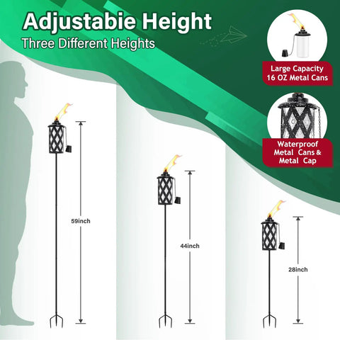 Diagram showing three adjustable heights of Citronella Outdoor Torches Set Of 6 White 16 Oz Each With 59 Inch Metal Poles And 3 Prong Grounded Stakes For Backyard Patio Garden Decor Keeps Bugs At Bay And Creates A Cozy Vibe For Parties.