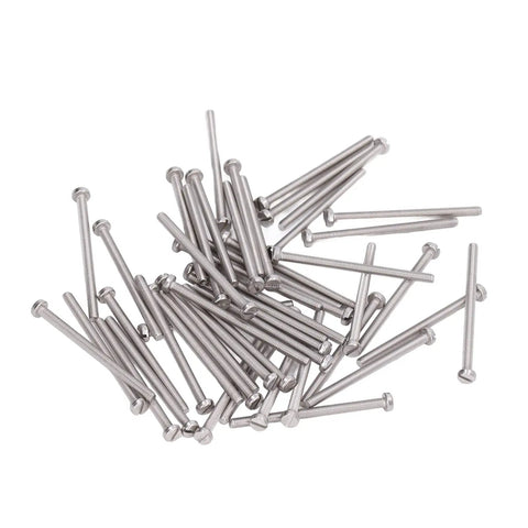 50 Pack M3 Stainless Steel Slotted Cheese Head Screws scattered on white background, perfect for DIY projects and machine repairs.