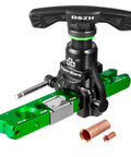 Super Stars flaring tool for 1/4–3/4 in copper tubing, side view with green aluminum base and black clamp
