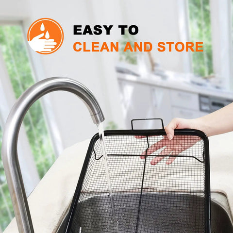 Crisping Oven Basket For Air Fryer Replacement Part being washed under a faucet, showcasing easy cleanup and stainless steel material.