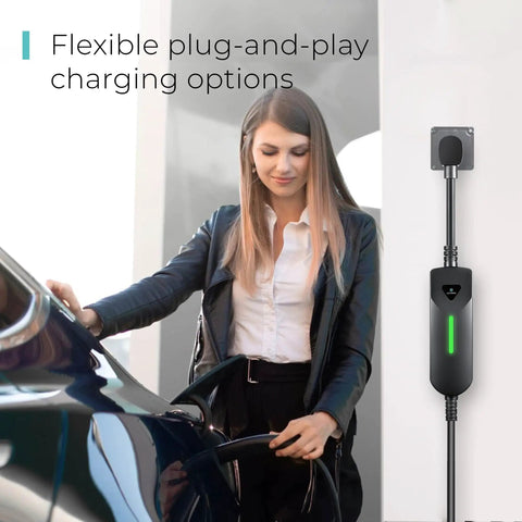 Woman charging a car with Tesla NACS Portable EV Charger With Dual Level Charging, wall-mounted unit and plug visible.