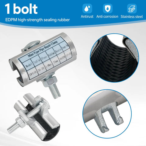 Stainless steel pipe repair clamp with one bolt for 26–30 mm water or copper pipes; rubber gasket seals leaks.