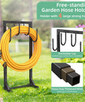 Rugged Heavy Duty Garden Hose Holder Reel With Four Large Hooks, freestanding metal storage for outdoors, square frame design with hose