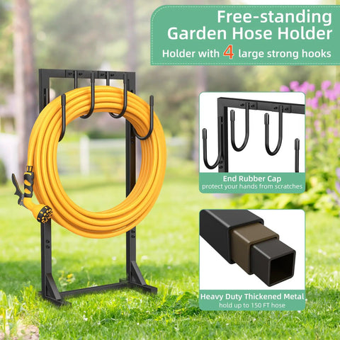 Rugged Heavy Duty Garden Hose Holder Reel With Four Large Hooks, freestanding metal storage for outdoors, square frame design with hose