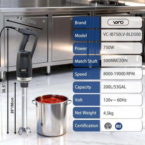 Heavy Duty Commercial Immersion Blender Kickass Kitchen Workhorse Pure Copper Motor Variable Speed Handheld Stick Mixer Professional Restaurant Grade Soup Blender For Silky Smooth Creations 20 Inch Shaft next to a pot of tomato sauce.